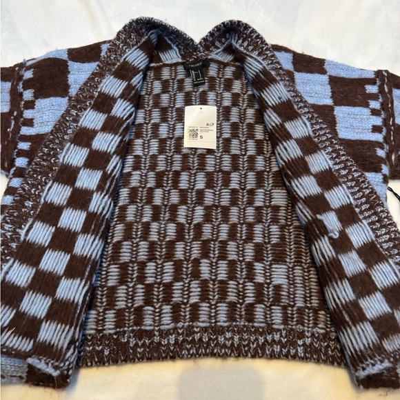 New Forever 21 Cardigan Blue Brown Oversized Checkered Plaid Open Front Size S - Picture 7 of 9